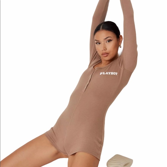 Playboy Brown Logo Button Front Romper - Picture 1 of 7